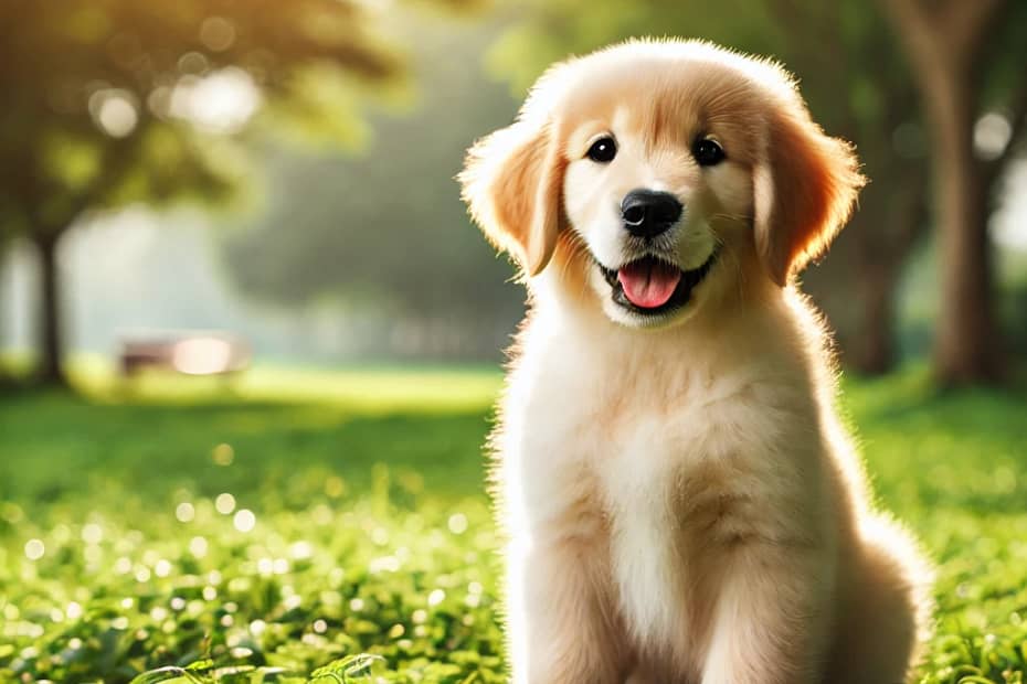 beautiful Golden Retriever puppy sitting in a lush green park, looking happy and playful. The puppy has soft, golden fur, bright eyes, and a cute,